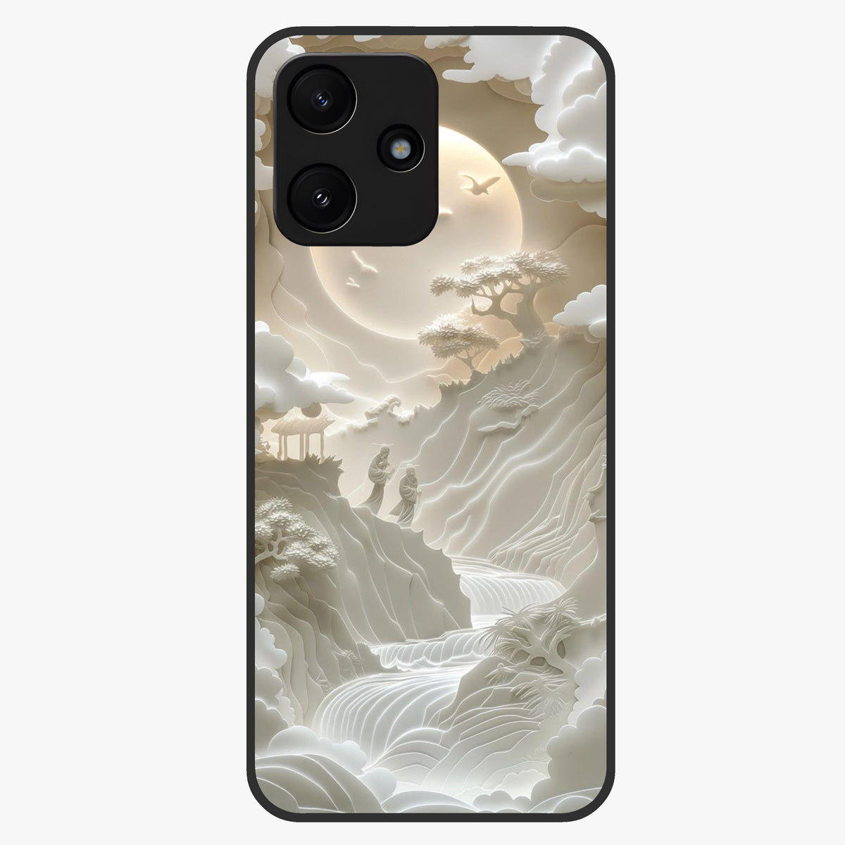 Celestial Origami Glass Case showing flat back view with artistic origami inspired celestial artwork and glossy glass finish.