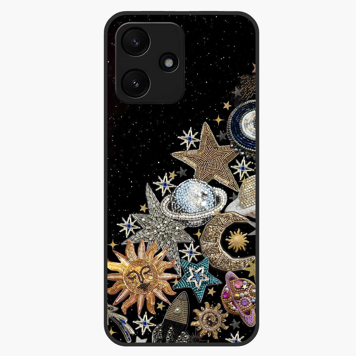 Cosmic Sparkle Dreams Glass Case showing flat back view with sparkling cosmic artwork and glossy glass finish.