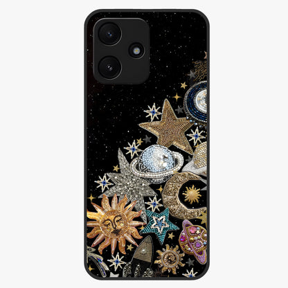 Cosmic Sparkle Dreams Glass Case showing flat back view with sparkling cosmic artwork and glossy glass finish.