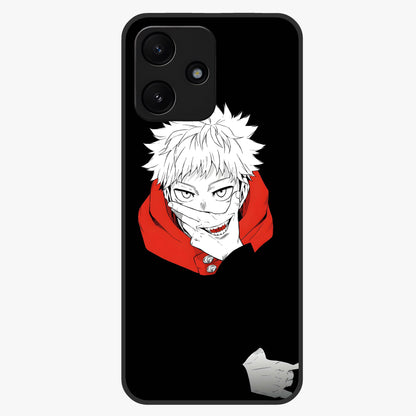 Crimson Chaos Smile Glass Case showing flat back view with bold chaotic smile artwork and glossy glass finish.