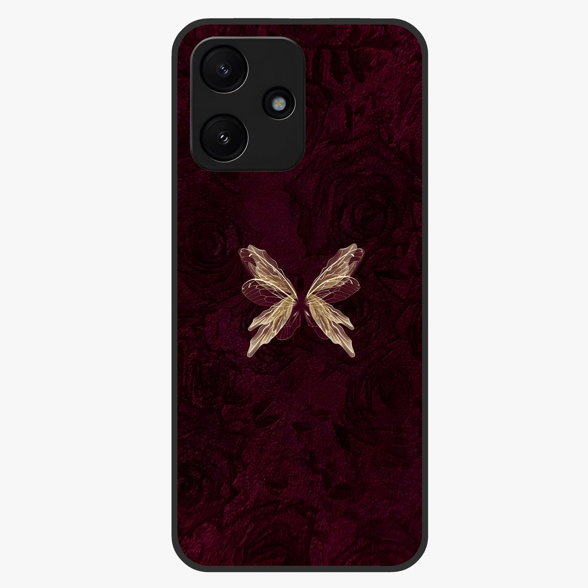 Crimson Fade Butterfly Glass Case showing flat back view with fading butterfly artwork and glossy glass finish.