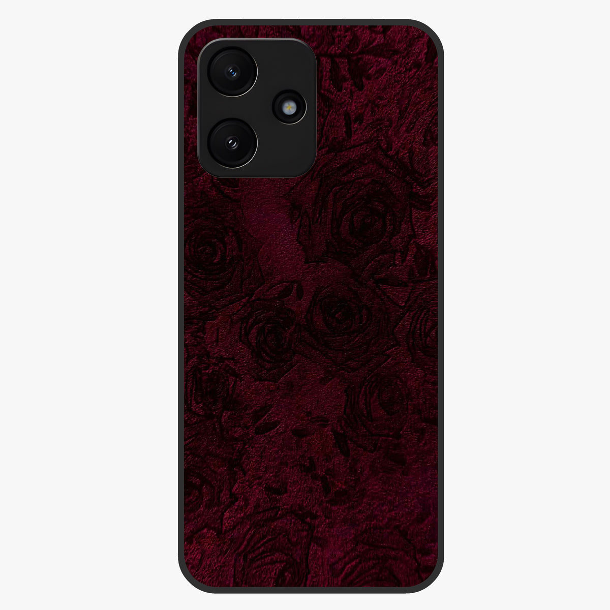 Crimson Fade Flow Glass Case showing flat back view with flowing crimson gradient artwork and glossy glass finish.