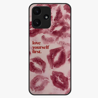 Crimson Kiss Love Glass Case showing flat back view with romantic crimson themed artwork and glossy glass finish.