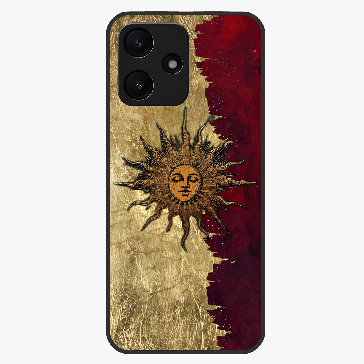 Crimson Sun Majesty Glass Case showing flat back view with radiant sun inspired artwork and glossy glass finish.