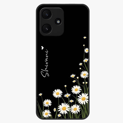 Daisy Cascade Custom Name Glass Case showing flat back view with cascading daisy flowers and personalized name design.