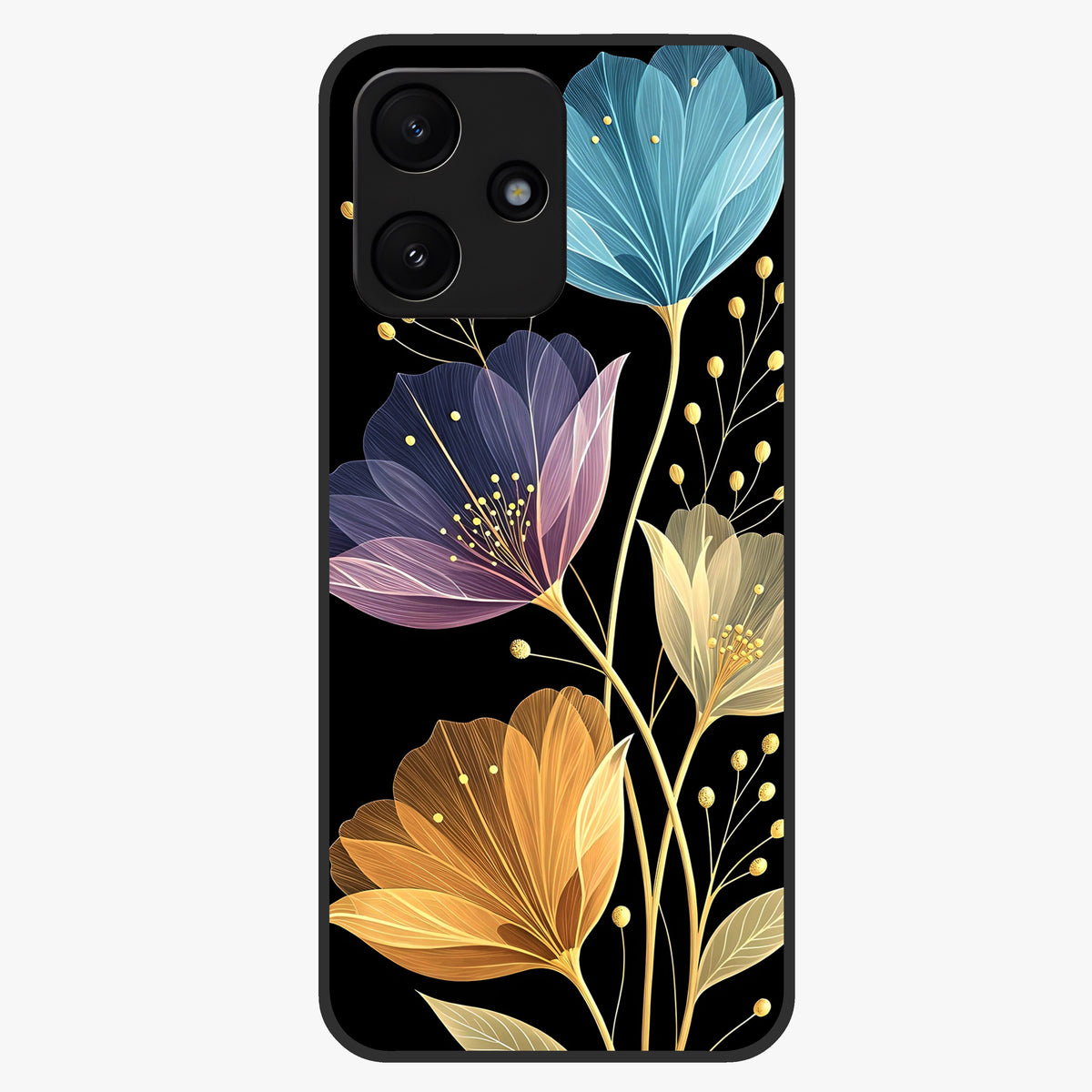 Delicate Multicolor Flowers Glass Case showing flat back view with vibrant floral artwork and glossy glass finish.