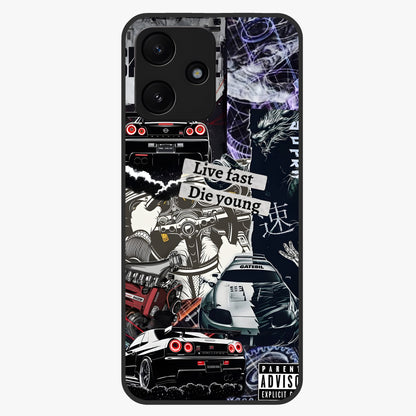 Die Young Glass Case showing flat back view with bold artistic typography design and glossy glass finish.