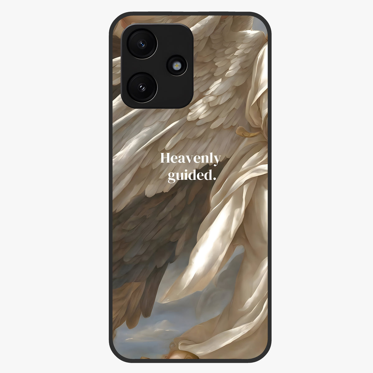 Divine Winged Grace Glass Case showing flat back view with elegant wing inspired artwork and glossy glass finish.
