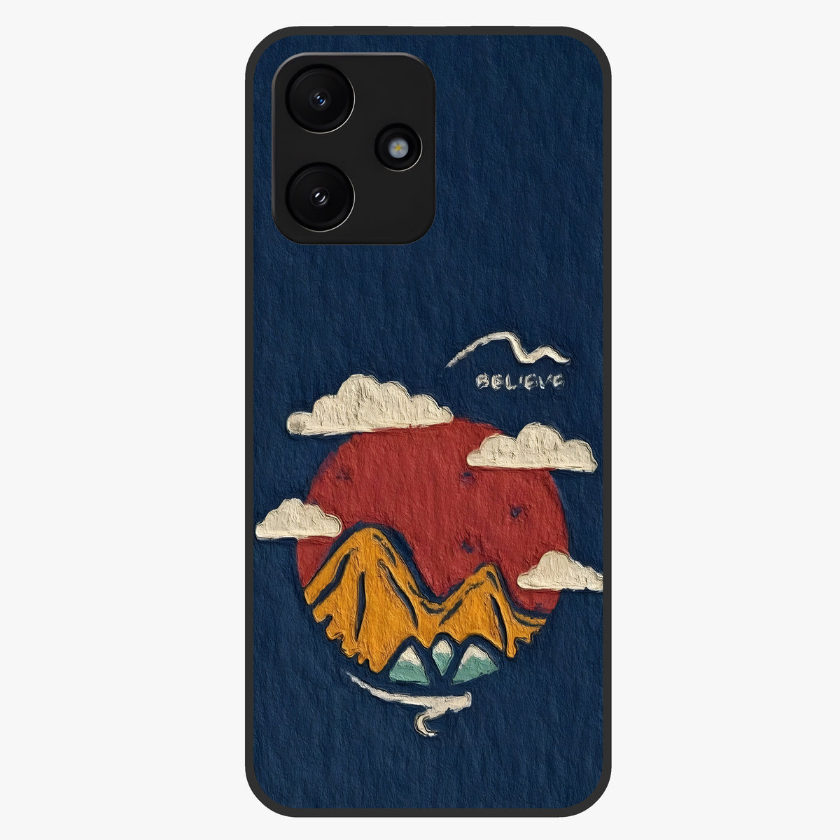 Dream Beyond Mountains Glass Case showing flat back view with scenic mountain landscape artwork and glossy glass finish.
