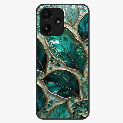 Emerald Leaf Glass Glass Case showing flat back view with emerald green leaf artwork and glossy glass finish.