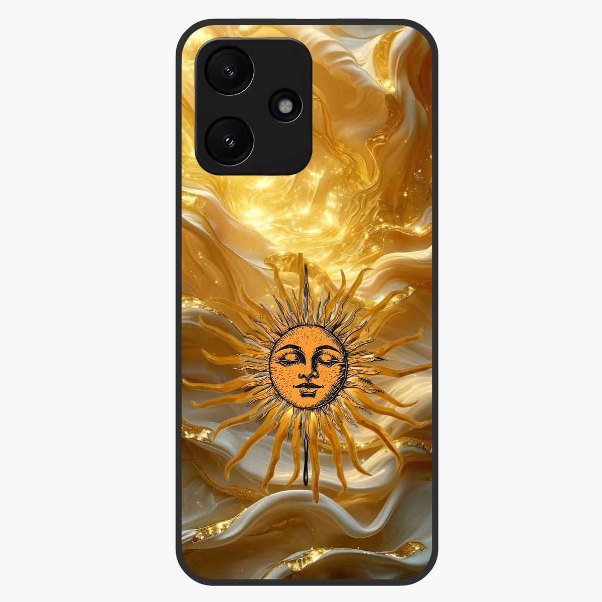 Eternal Golden Glow Glass Case showing flat back view with radiant golden themed artwork and glossy glass finish.
