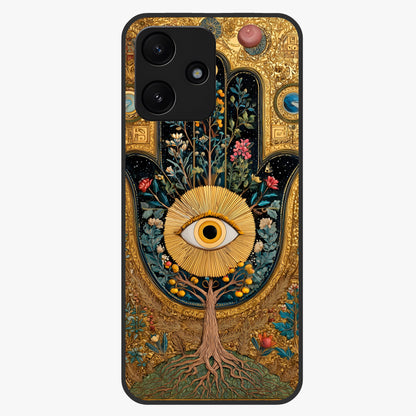 Ethereal Evil Eye Glass Case showing flat back view with mystical evil eye artwork and glossy glass finish.