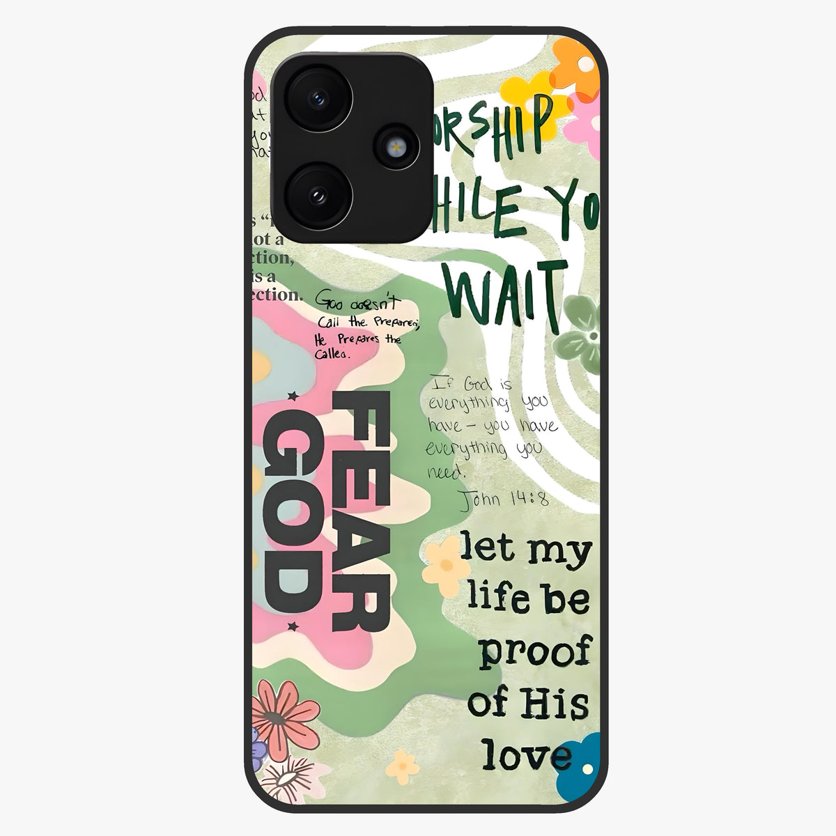 Faith Over Fear Glass Case showing flat back view with motivational typography artwork and glossy glass finish.
