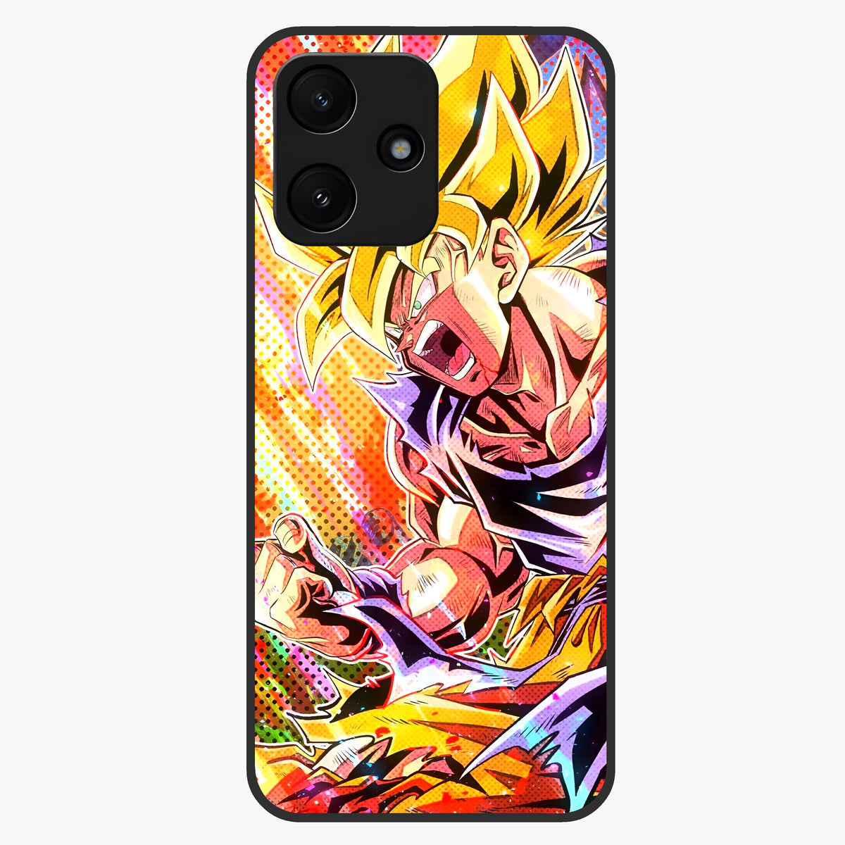 Firing Goku Glass Case showing flat back view with powerful anime inspired artwork and glossy glass finish.