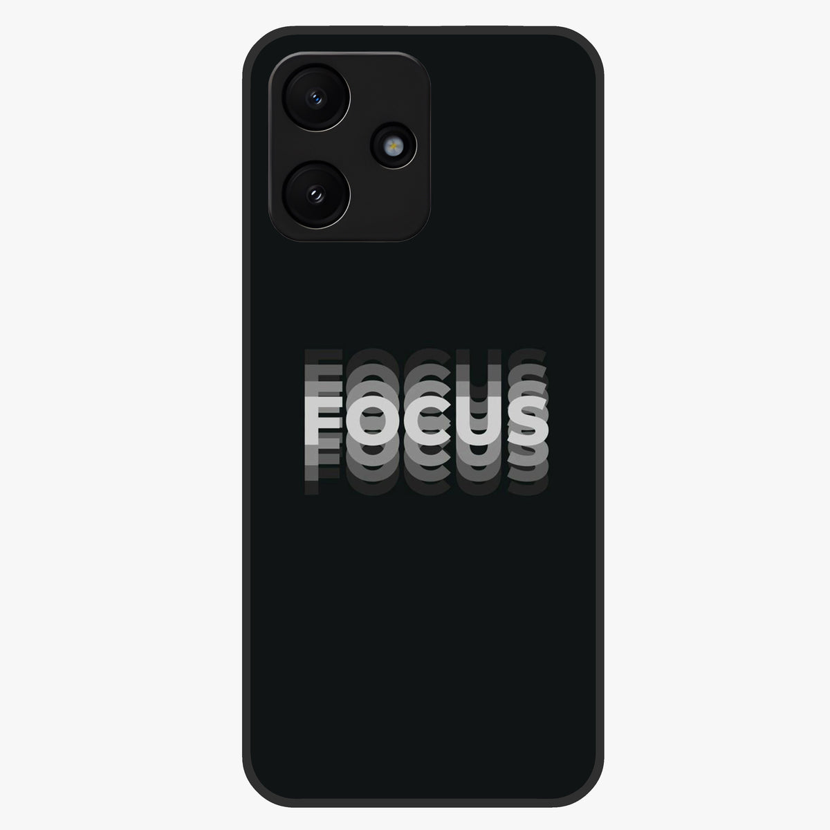 Focus Mode On Glass Case showing flat back view with bold motivational typography design and glossy glass finish.