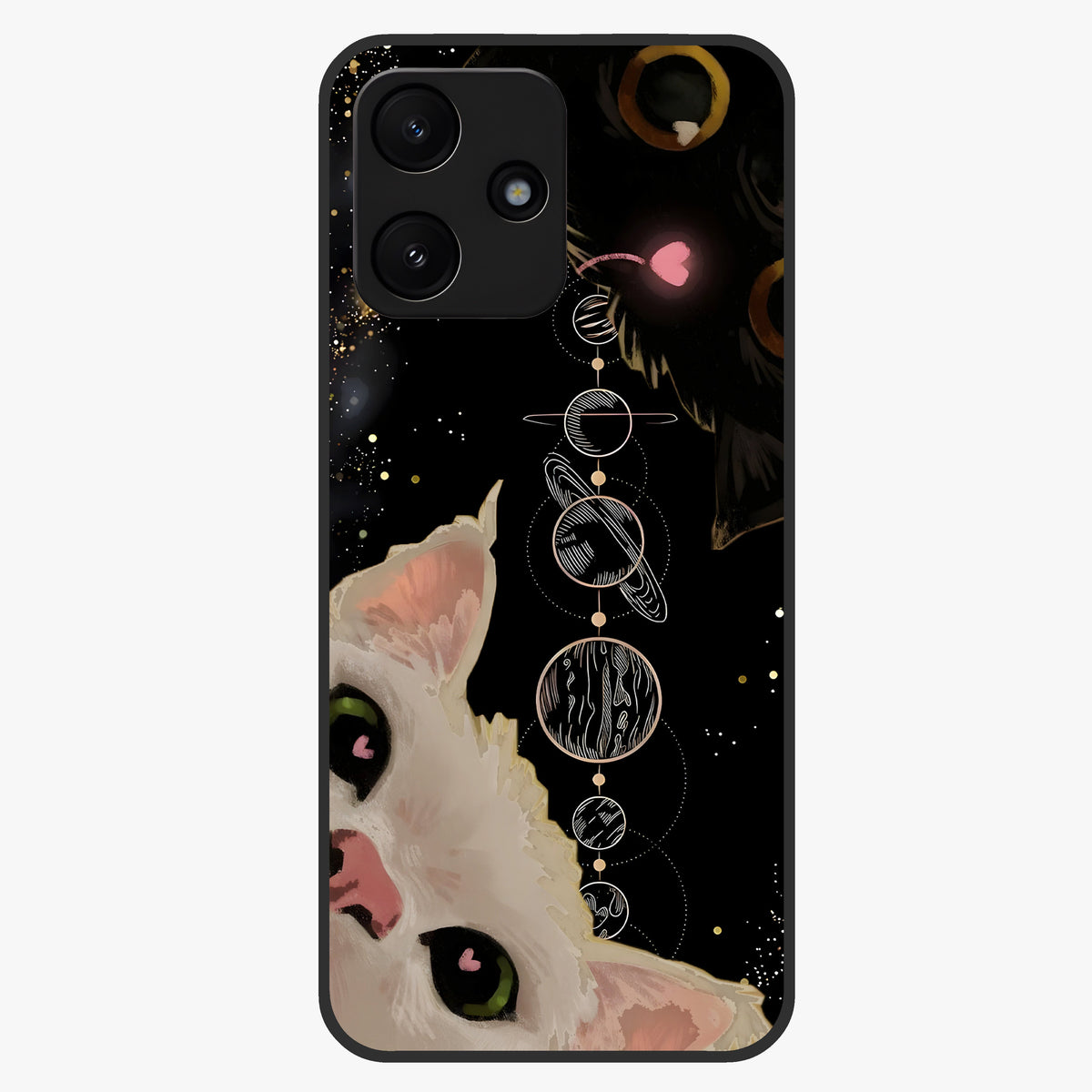 Galactic Cat Glass Case showing flat back view with cosmic cat artwork and glossy glass finish.