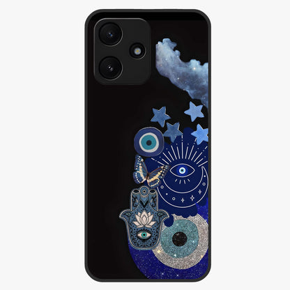Galactic Charm Cluster Glass Case showing flat back view with glowing celestial charm artwork and glossy glass finish.