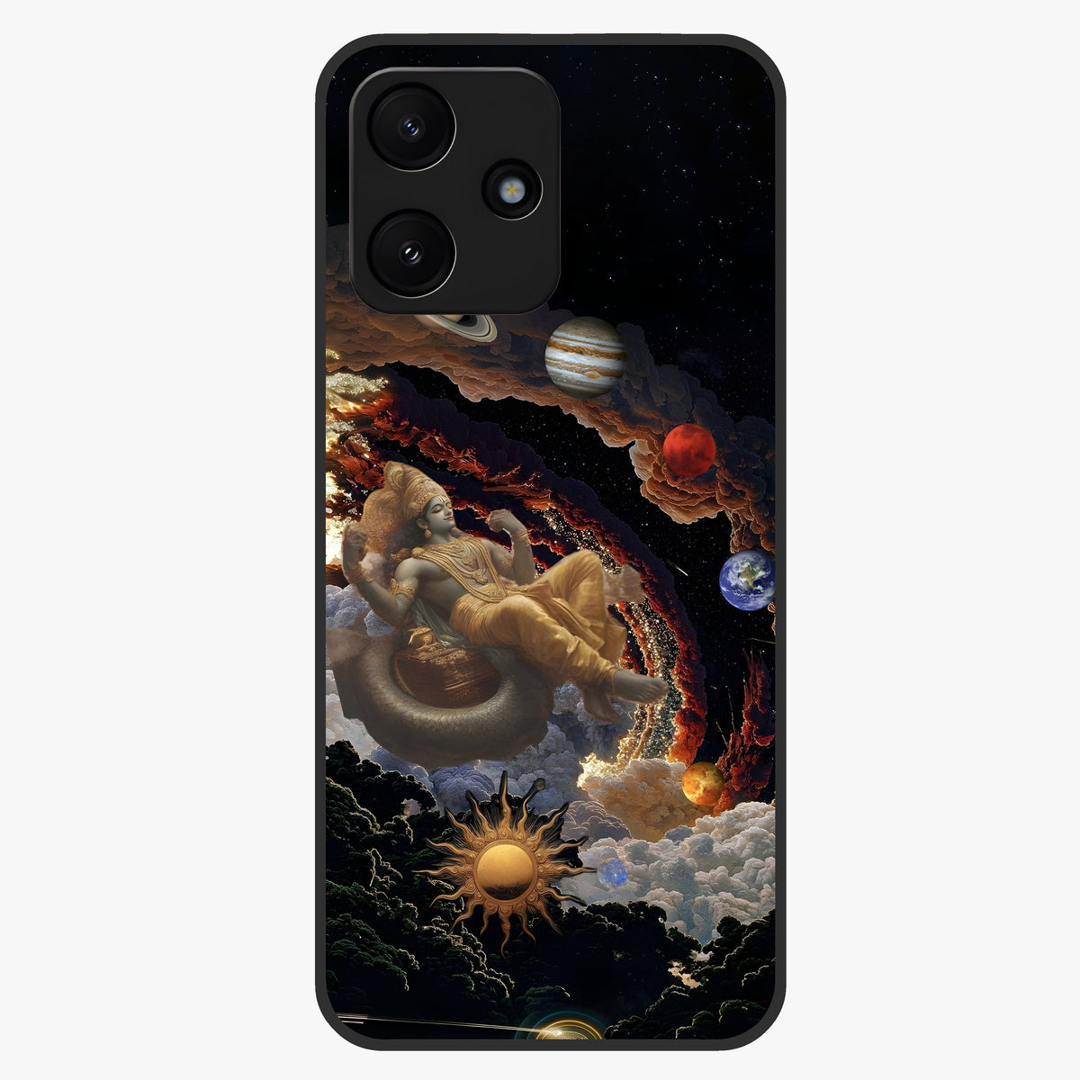 Galactic Divine God Glass Case showing flat back view with divine cosmic themed artwork and glossy glass finish.