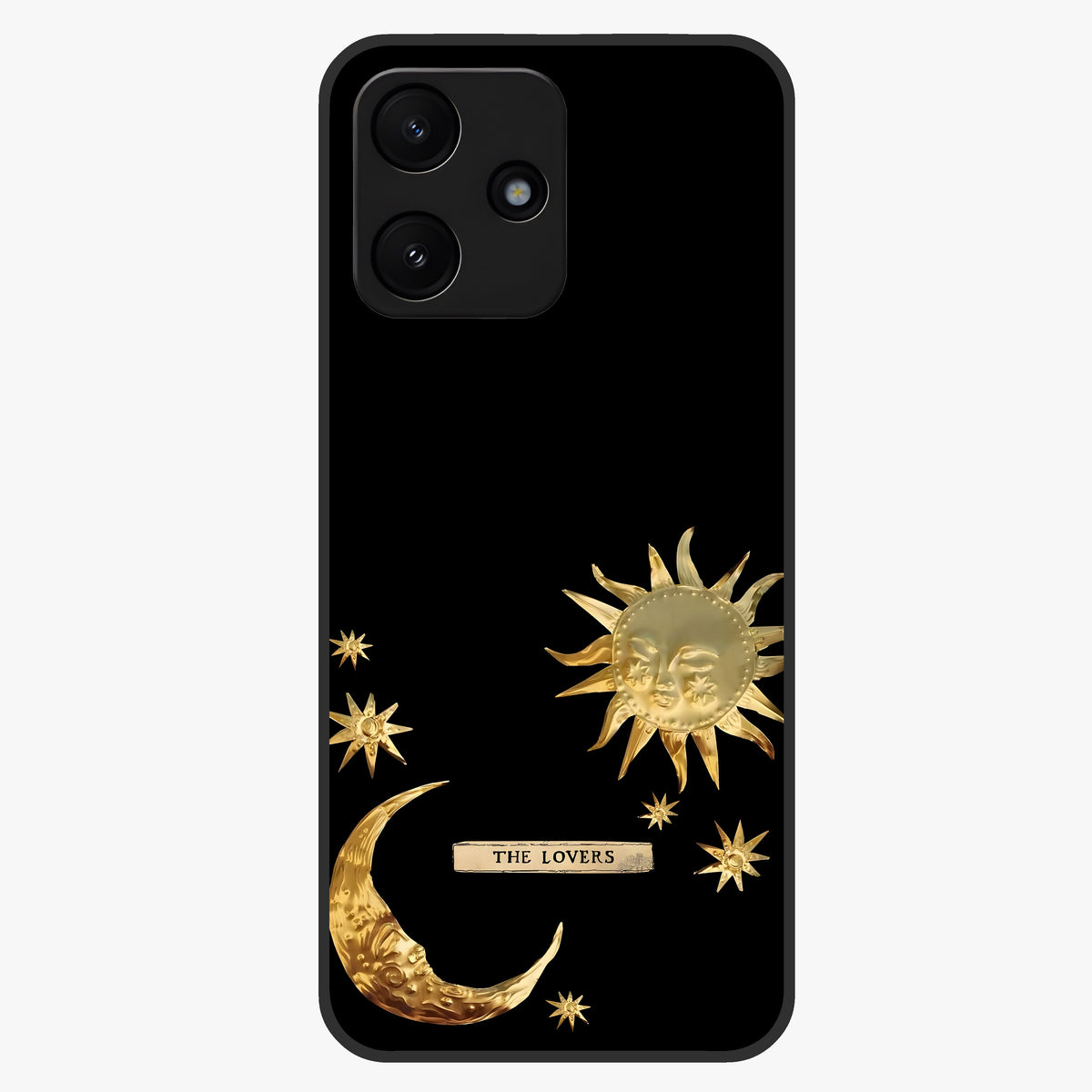 Golden Celestial Charm Glass Case showing flat back view with golden celestial charm artwork and glossy glass finish.