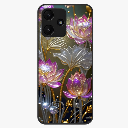Golden Lotus Glow Glass Case showing flat back view with glowing lotus flower artwork and glossy glass finish.