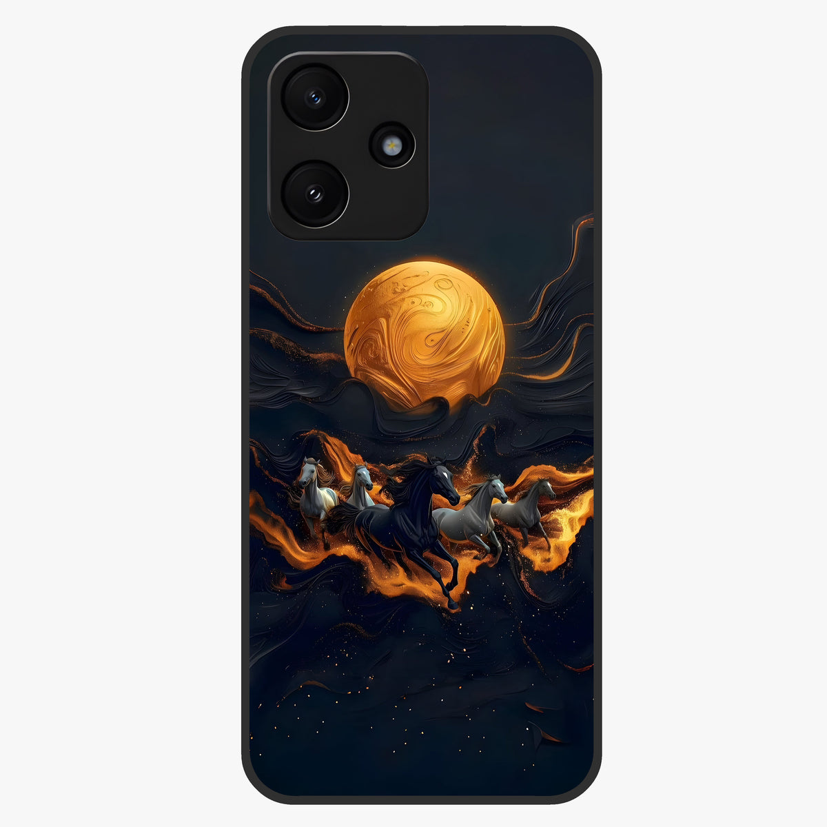 Golden Stallion Moonride Glass Case showing flat back view with majestic horse under moonlight artwork and glossy glass finish.