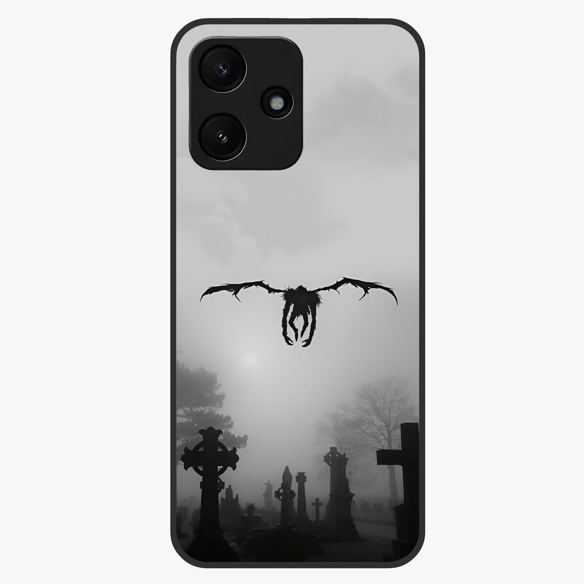 Graveyard Shadow Descent Glass Case showing flat back view with dark graveyard themed artwork and glossy glass finish.