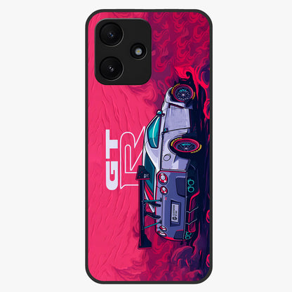 GT-R Car Pattern Glass Case showing flat back view with sporty car inspired pattern artwork and glossy glass finish.