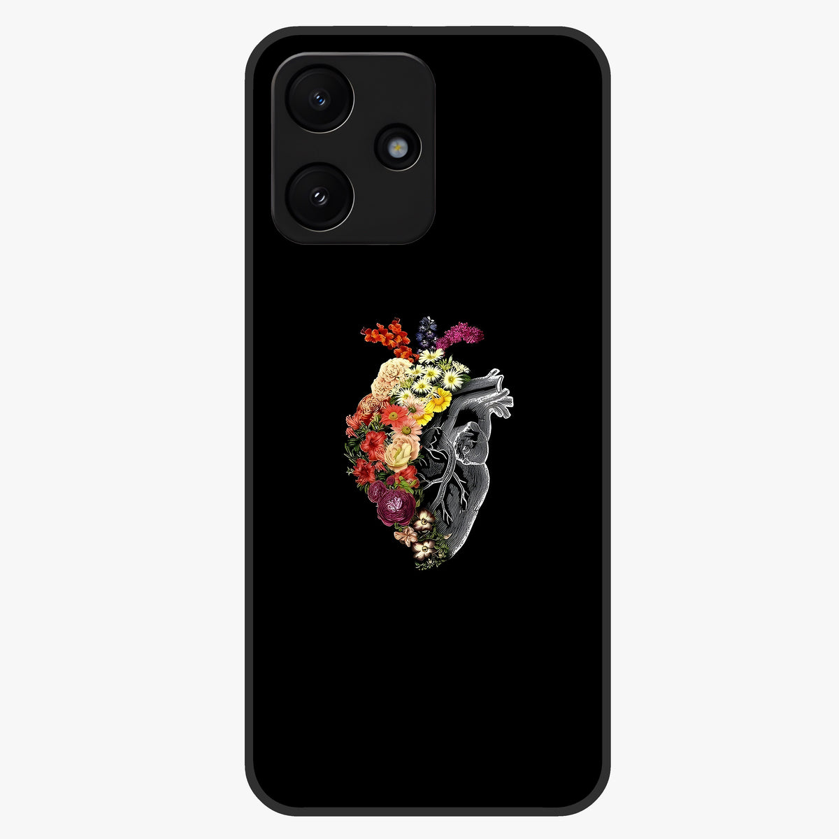 Heart With Flowers Glass Case showing flat back view with heart shaped floral artwork and glossy glass finish.