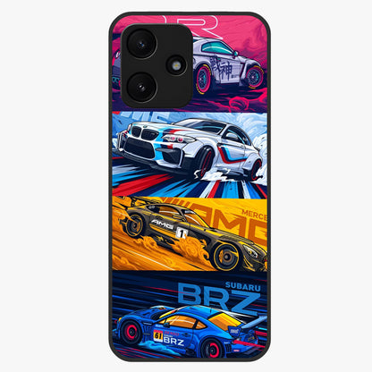 JDM Sports Car Glass Case showing flat back view with high performance sports car artwork and glossy glass finish.