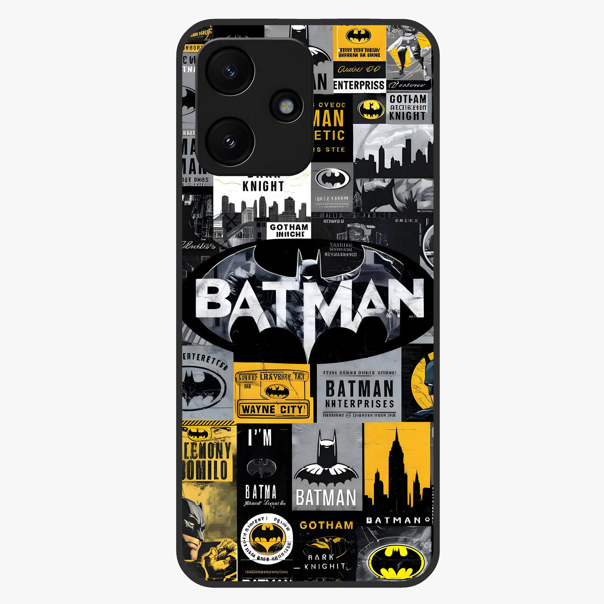 Knight Gotham Rise Glass Case showing flat back view with dark hero inspired artwork and glossy glass finish.
