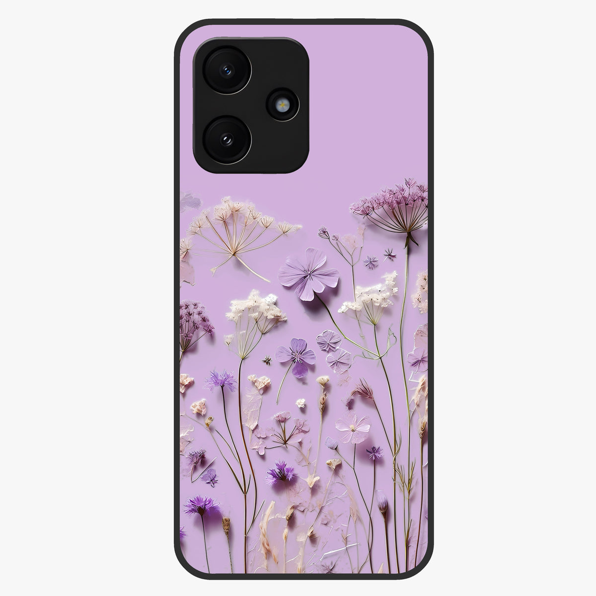 Lavender Blossom Dream Glass Case showing flat back view with soft lavender floral artwork and glossy glass finish.