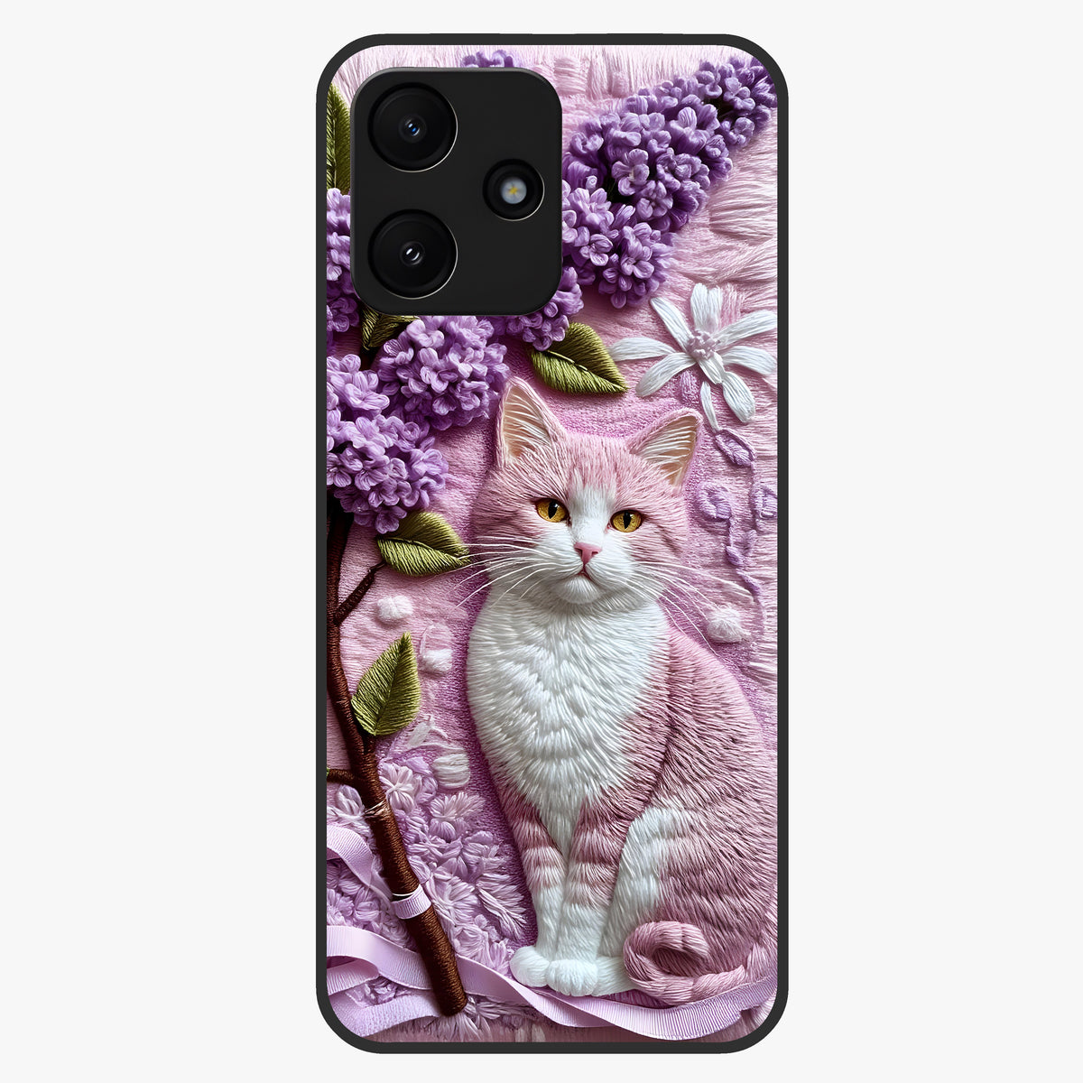 Lavender Cat Whimsy Glass Case showing flat back view with cute lavender cat artwork and glossy glass finish.