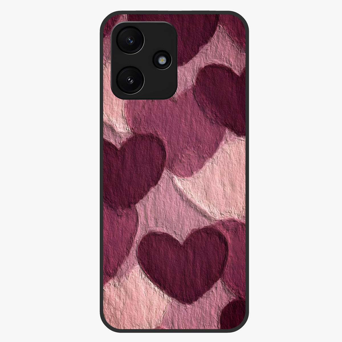 Layered Paper Hearts Glass Case showing flat back view with layered paper heart artwork and glossy glass finish.