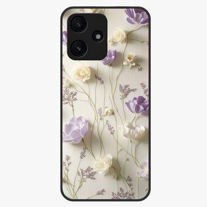 Lilac Breeze Harmony Glass Case showing flat back view with soft lilac themed artwork and glossy glass finish.