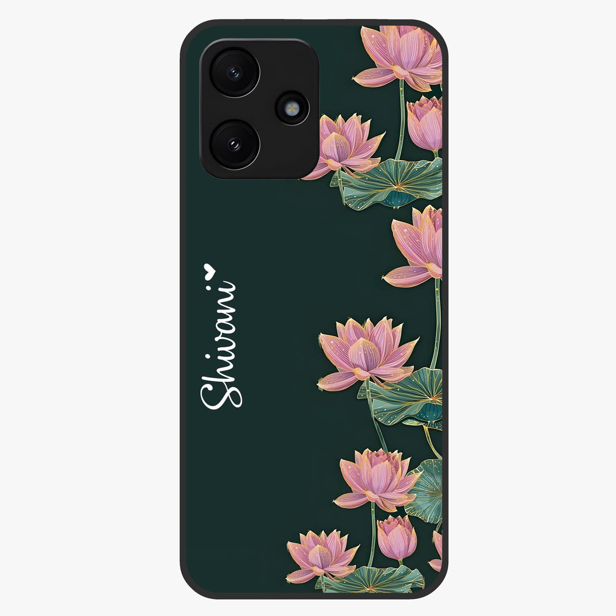 Lotus Bloom Serenity Custom Name Glass Case showing flat back view with elegant lotus flower artwork and personalized name design.
