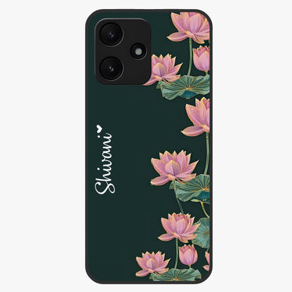 Lotus Bloom Serenity Custom Name Glass Case showing flat back view with elegant lotus flower artwork and personalized name design.