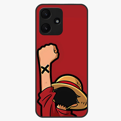 Luffy X Spirit Glass Case showing flat back view with bold anime character artwork and glossy glass finish.