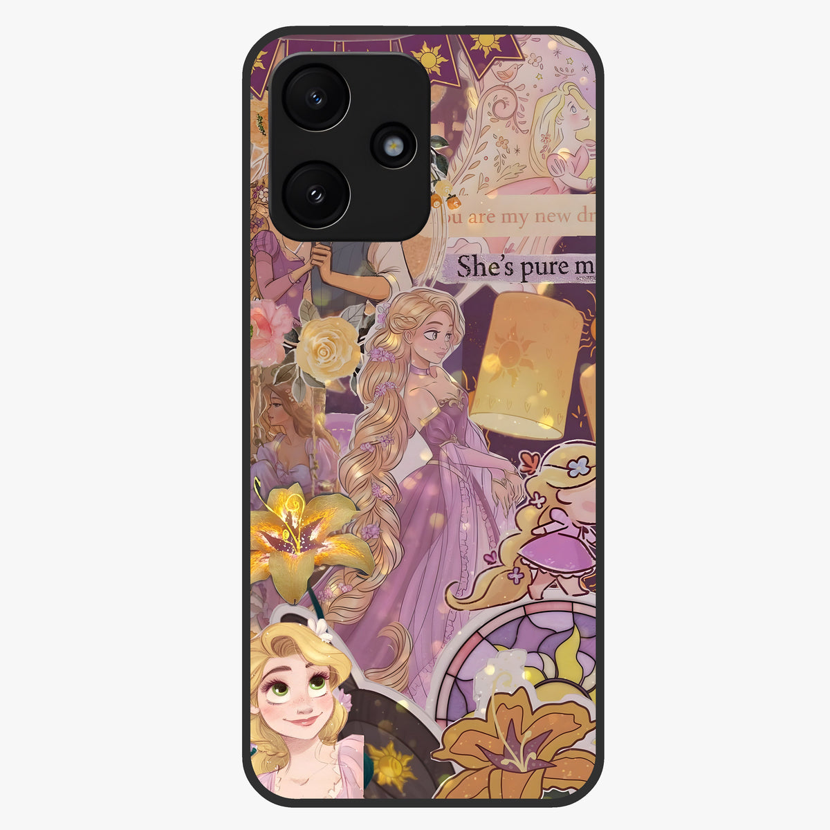 Magical Tangled Dream Glass Case showing flat back view with dreamy tangled artwork and glossy glass finish.