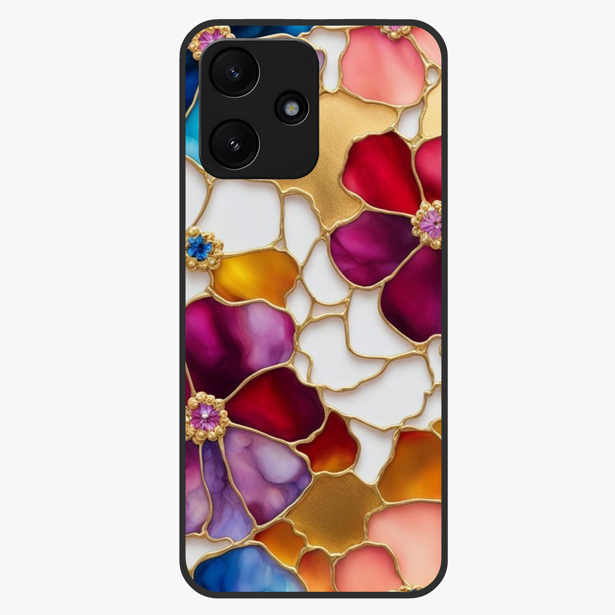 Marble Flower Pattern Glass Case showing flat back view with marble texture floral artwork and glossy glass finish.