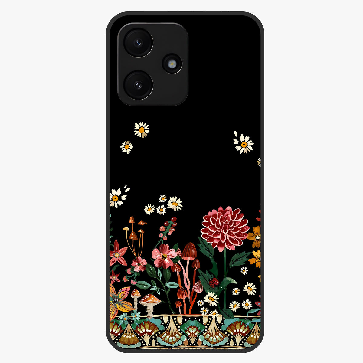Midnight Bloom Pattern Glass Case showing flat back view with dark floral pattern artwork and glossy glass finish.