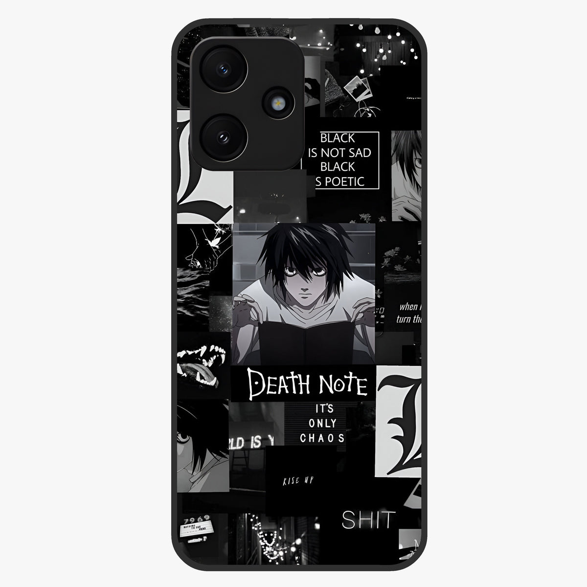 Midnight Chaos Mind Glass Case showing flat back view with abstract dark themed artwork and glossy glass finish.