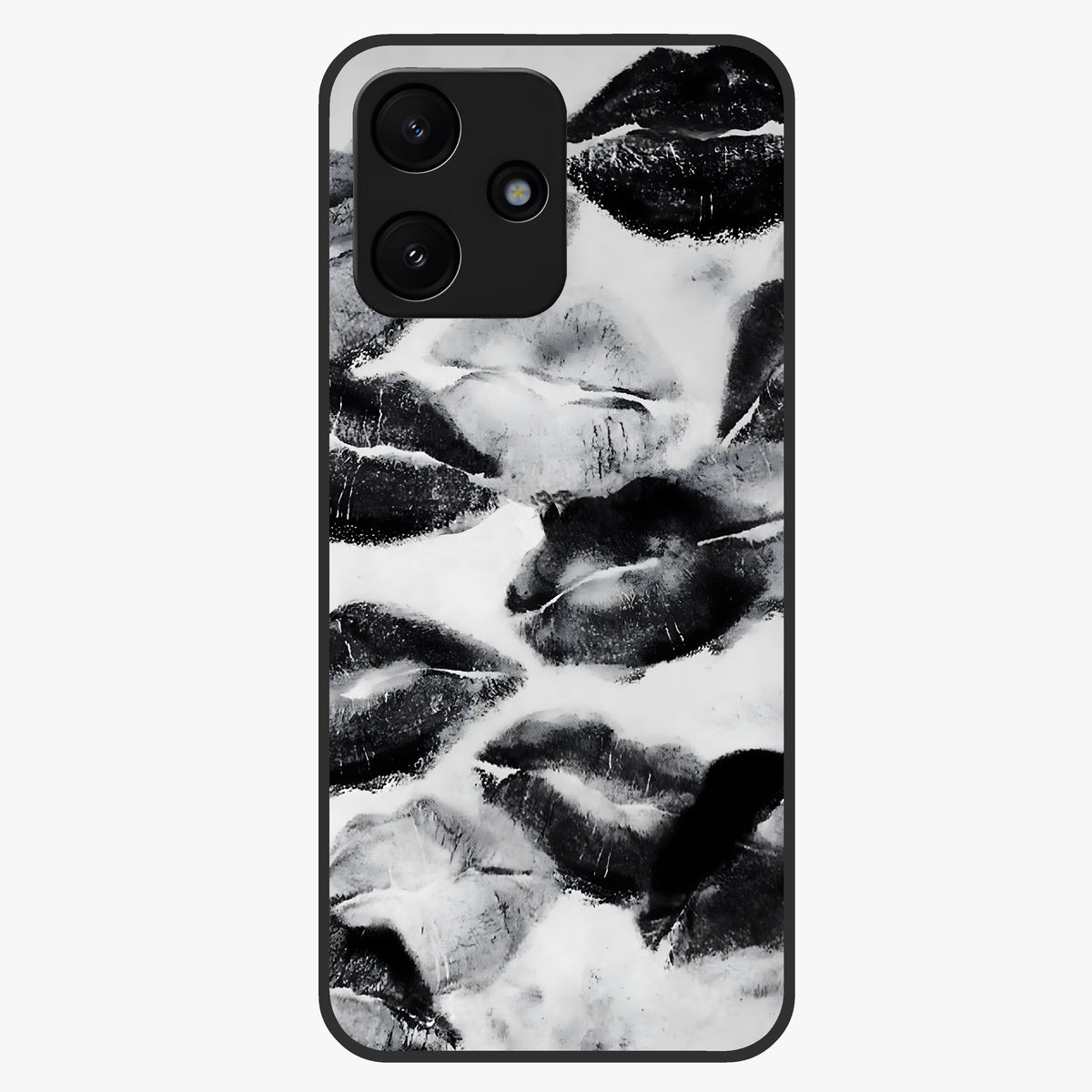 Midnight Kiss Marks Glass Case showing flat back view with lipstick kiss mark artwork and glossy glass finish.