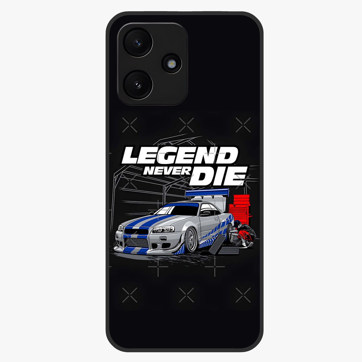 Midnight Racing Legacy Glass Case showing flat back view with sleek racing inspired artwork and glossy glass finish.