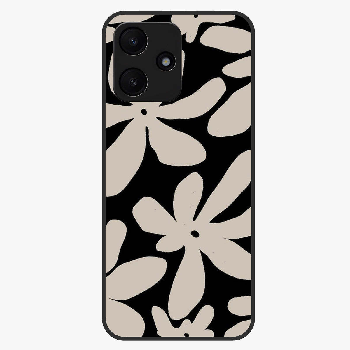 Monochrome Petal Dance Glass Case showing flat back view with monochrome floral artwork and glossy glass finish.