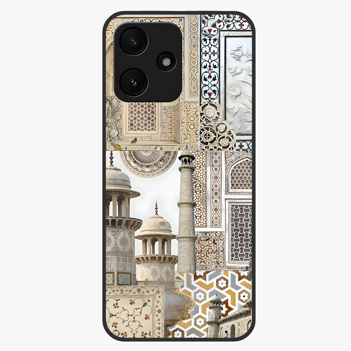Mughal Marble Legacy Glass Case showing flat back view with intricate Mughal inspired marble pattern and glossy glass finish.