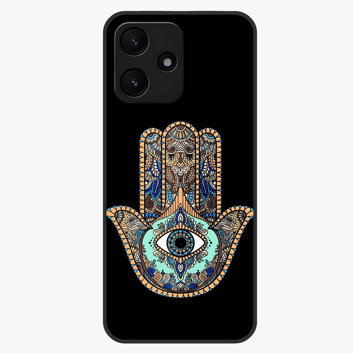 Mystic Hamsa Eye Glass Case showing flat back view with protective hamsa hand and evil eye artwork and glossy glass finish.