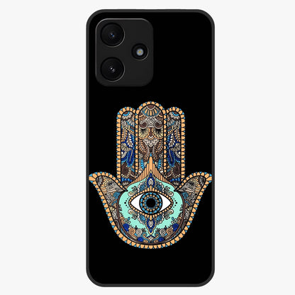 Mystic Hamsa Eye Glass Case showing flat back view with protective hamsa hand and evil eye artwork and glossy glass finish.