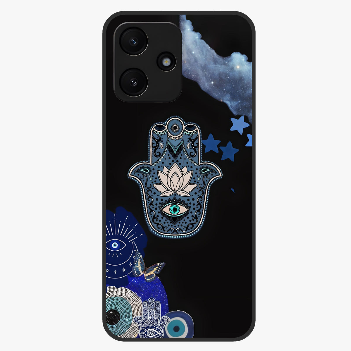 Mystic Hand Aura Glass Case showing flat back view with mystical hand symbol artwork and glossy glass finish.