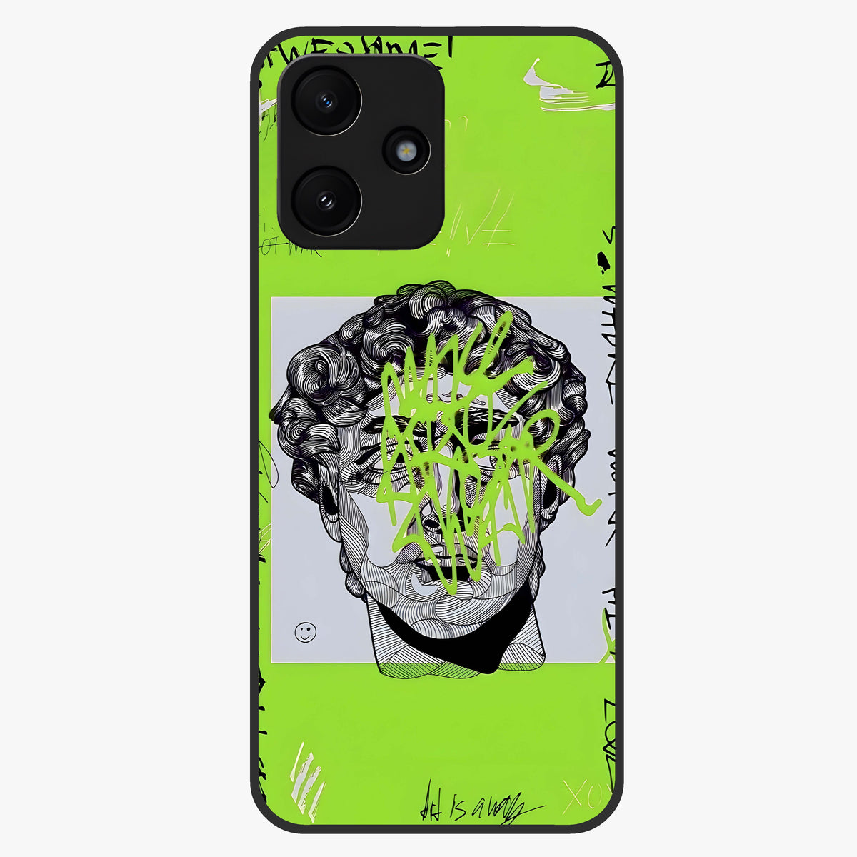Neo Graffiti Rebellion Glass Case showing flat back view with vibrant graffiti artwork and glossy glass finish.