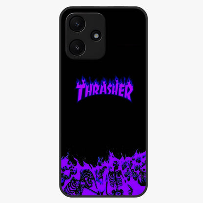 Neon Flame Riot Glass Case showing flat back view with neon flame artwork and glossy glass finish.